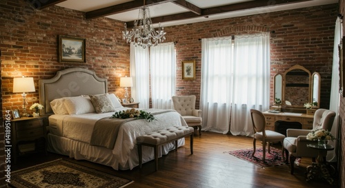 Elegant Rustic Bedroom Interior with Exposed Brick Walls