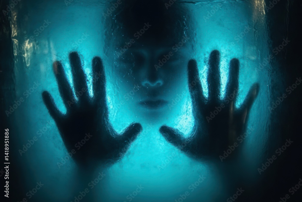 Ghostly silhouette of hands pressed against frosted glass with eerie blue glow Halloween horror theme Ghostly silhouette of hands pressed against frosted glass with eerie blue glow Halloween horror theme