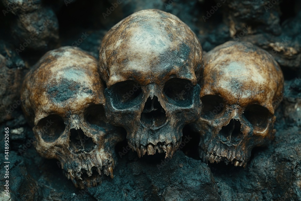 Aged human skull pile with dark gothic lighting and moody atmosphere Aged human skull pile with dark gothic lighting and moody atmosphere