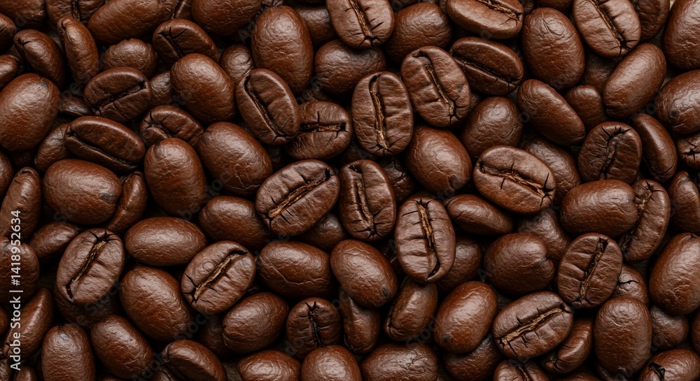 Obraz premium Full frame of tightly clustered dark brown coffee beans, highlighting their roasted appearance