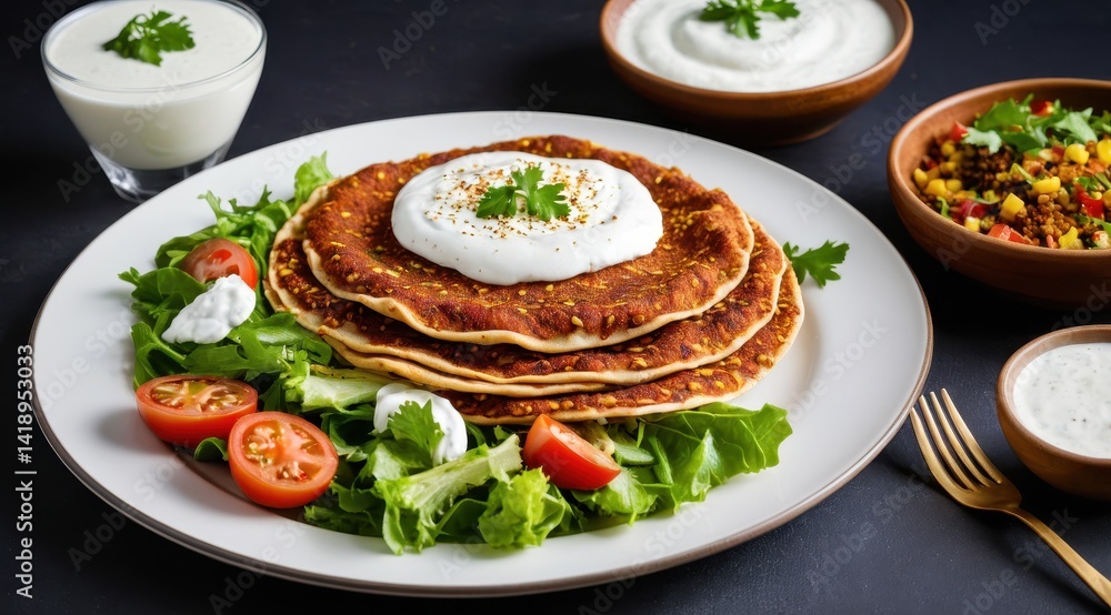 Fluffy pancakes garnished with yogurt and fresh salad on a plate, surrounded by colorful dips and drinks for a vibrant culinary presentation Fluffy pancakes garnished with yogurt and fresh salad on a plate, surrounded by colorful dips and drinks for a vibrant culinary presentation