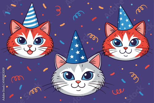 Generate a vibrant illustration of numerous repeating cat faces wearing festive party hats amidst a flurry of colorful confetti.