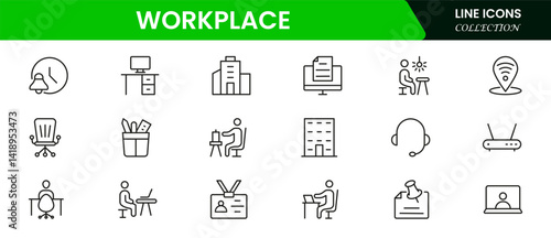 Workplace icon outline set. Containing job, working, employee, project, teamwork, employment, meeting, appointment, and more. Vector line icons collection.
