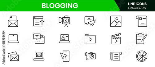 Blogging icon collection. Containing influencer, content, creation, vlogger, social media, digital marketing, and community icons. Vector illustration.