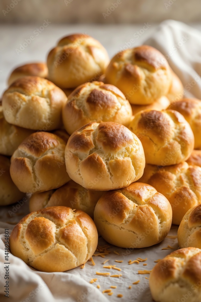 Fresh Baked Cloverleaf Rolls Piled High on a Neutral Linen Cloth Fresh Baked Cloverleaf Rolls Piled High on a Neutral Linen Cloth