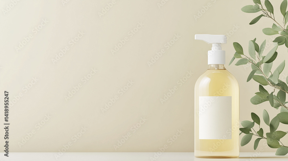 Minimalist skincare bottle with greenery on neutral background Minimalist skincare bottle with greenery on neutral background