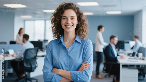 A woman wearing a blue shirt appears professional and confident.
