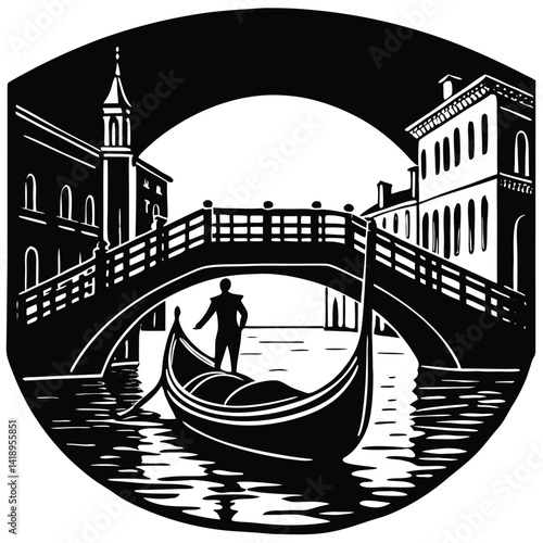 Venice Gondola Ride Black and White Woodcut Illustration: Italian Canal Scene with Bridge, Gondolier, and Traditional Architecture Artwork