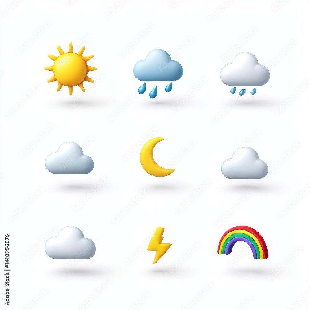 Obraz premium Weather icons set in 3d render style on white background