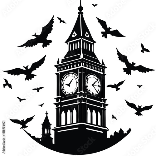 Big Ben Silhouette with Bats Vector Illustration: London Clock Tower, Gothic Style, Halloween Theme, Architecture Design Element