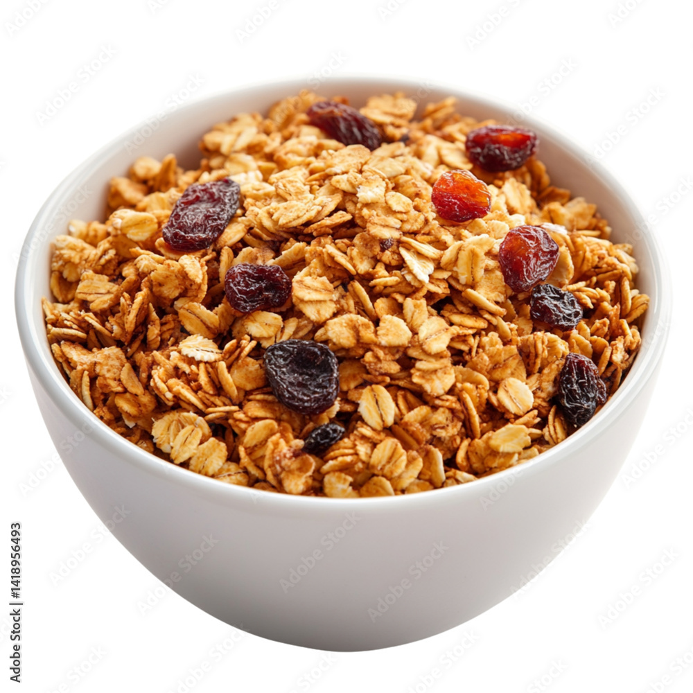 Bowl of granola with dried fruits isolated on a transparent background Bowl of granola with dried fruits isolated on a transparent background