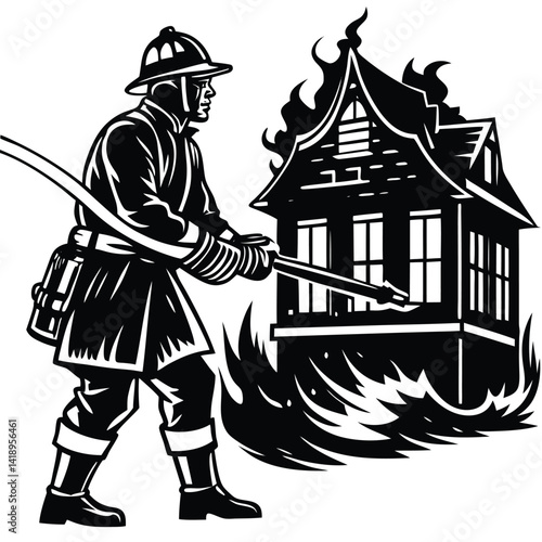 Firefighter Extinguishing House Fire Vector Illustration: Heroic Fireman, Burning Building, Emergency Response, Black and White Graphic Art