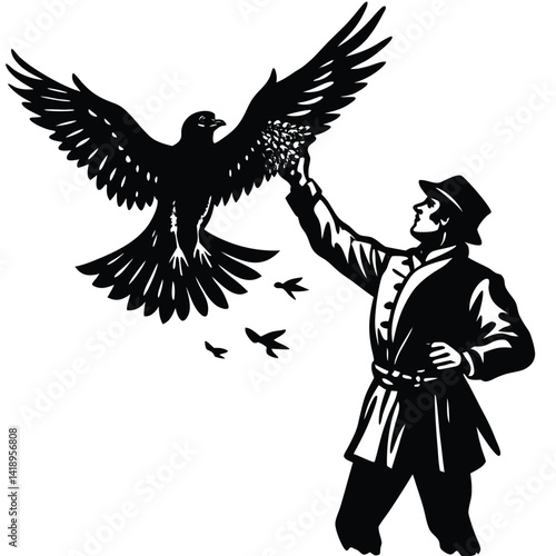 Falconry Illustration: Man with Bird of Prey, Vintage Style Black and White Graphic Art, Wildlife, Falcon Training, Hunting Image