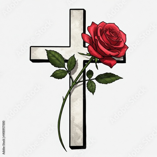 Rose with Religious Cross Symbol on White Background