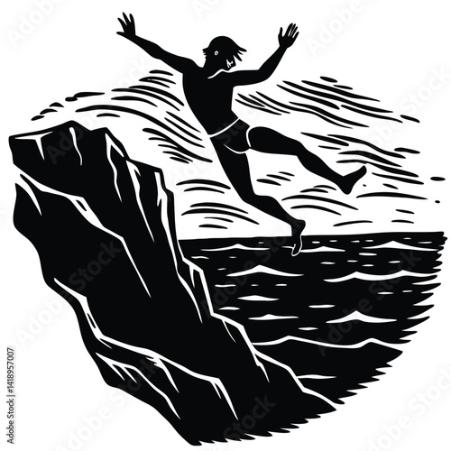 Cliff Diving Black & White Woodcut Illustration: Man Jumping from Cliff into Ocean, Adventure, Risk, Summer Fun, Water Sport Art
