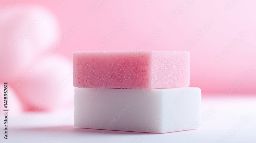 Two stacked rectangular bars of bath soap, one pink and one white, in a soft focus pink background Two stacked rectangular bars of bath soap, one pink and one white, in a soft focus pink background