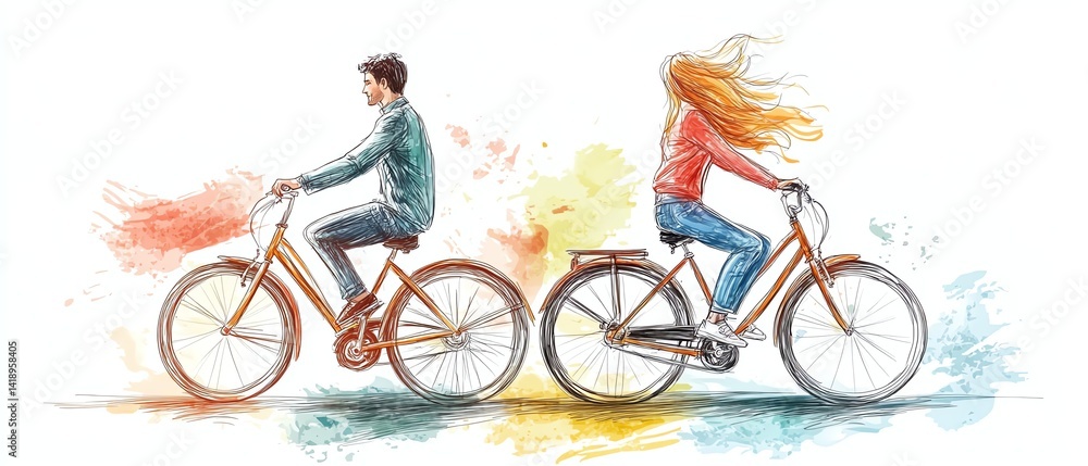 Fototapeta premium Couple cycling, watercolor art, romance, freedom.