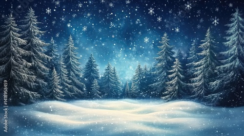 Winter Wonderland Snow Covered Pine Forest with Falling Snowflakes and Blue Sky
