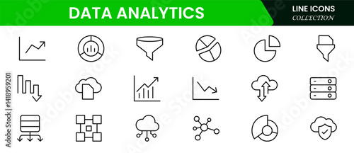 Data analytics web icons set in thin line design. Pack of database, big data process, ai, monitoring, traffic, hosting service, optimization, backup, chart and other. Vector outline stroke icon design