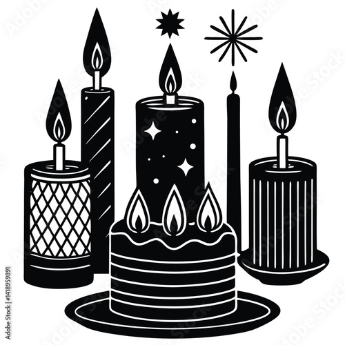 Black and White Birthday Cake with Candles Vector Illustration | Celebration Graphic Design | Festive Party Icon | Retro Style Clipart
