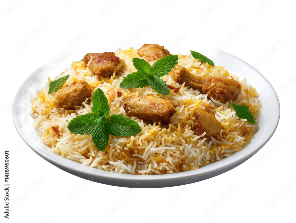 A plate of chicken biryani garnished with fresh mint leaves on a white plate A plate of chicken biryani garnished with fresh mint leaves on a white plate