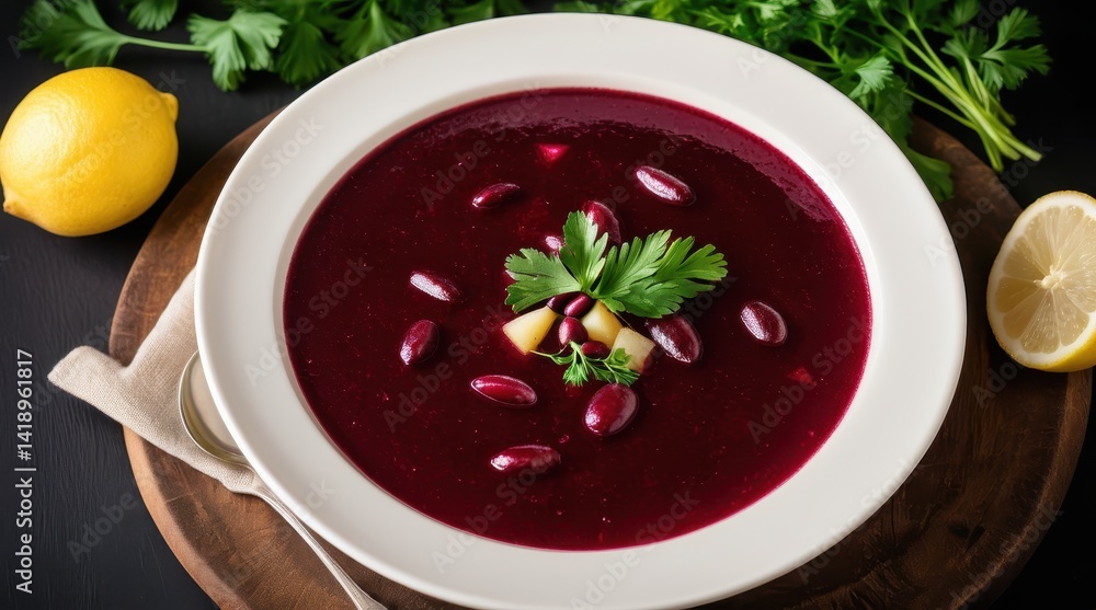 A vibrant bowl of beet soup featuring diced potatoes and kidney beans, garnished with fresh parsley, accompanied by lemon slices on a dark background A vibrant bowl of beet soup featuring diced potatoes and kidney beans, garnished with fresh parsley, accompanied by lemon slices on a dark background