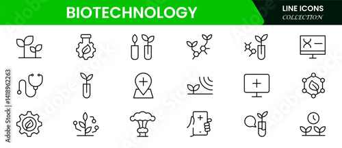 Biotechnology line icons. Includes icons for scientific, innovation, scientist, experiment, microscope, interaction, and science.  Minimalis vector icon and illustration.