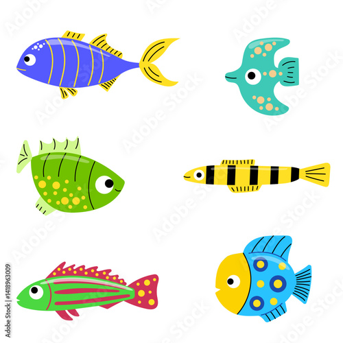 Set of Six Bright Tropical Fish, Colorful Underwater Marine Life Collection with Exotic Fishes for Ocean, Aquarium, and Nature Inspired Designs