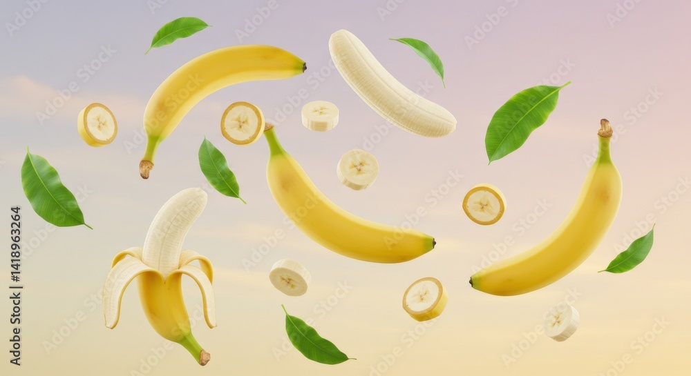 Floating Yellow Bananas and Slices with Green Leaves Against a Pastel Sky Background Floating Yellow Bananas and Slices with Green Leaves Against a Pastel Sky Background