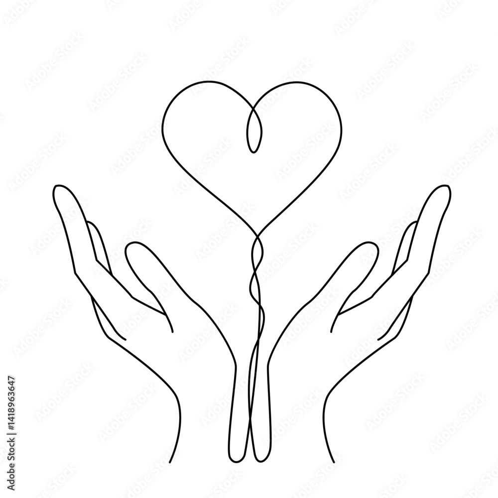 Heart in hands. continuous line vector drawing isolated on white background Heart in hands. continuous line vector drawing isolated on white background