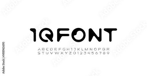 Font digital cyber alphabet, cyberpunk rounded letters A, B, C, D, E, F, G, H, I, J, K, L, M, N, O, P, Q, R, S, T, U, V, W, X, Y, Z and futuristic numerals 0, 1, 2, 3, 4, 5, 6, 7, 8, 9