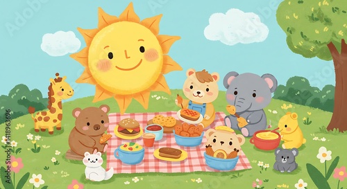 Animated Animals Having a Picnic in a Meadow with Sun