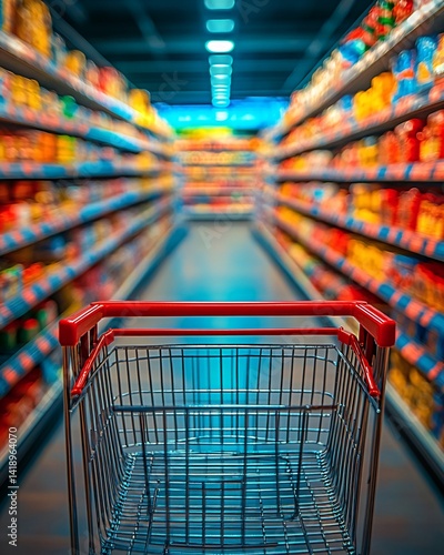 Empty shopping cart in supermarket aisle
