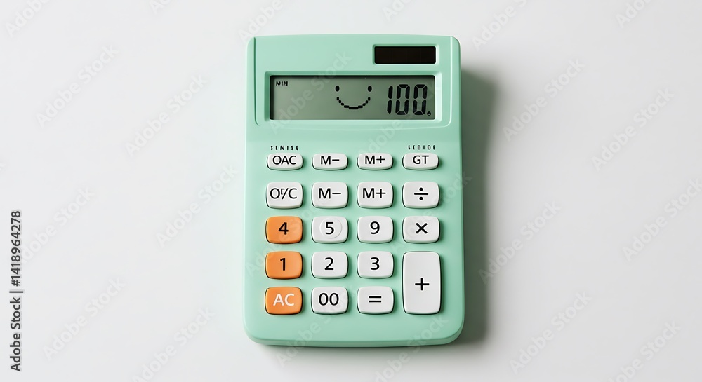 Calculator Showing 100 with Smiley Face on White Background Calculator Showing 100 with Smiley Face on White Background