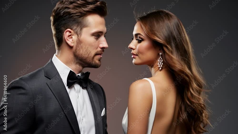 Elegant couple poses in formal attire for a glamorous fashion shoot in a studio setting at night Elegant couple poses in formal attire for a glamorous fashion shoot in a studio setting at night
