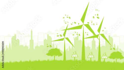 Ecology concept with green city silhouette sustainable development environment concept vector illustration good for web banner, ads banner, campaign banner, wallpaper, backdrop and green campaign