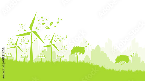 Ecology concept with green city silhouette sustainable development environment concept vector illustration good for web banner, ads banner, campaign banner, wallpaper, backdrop and green campaign