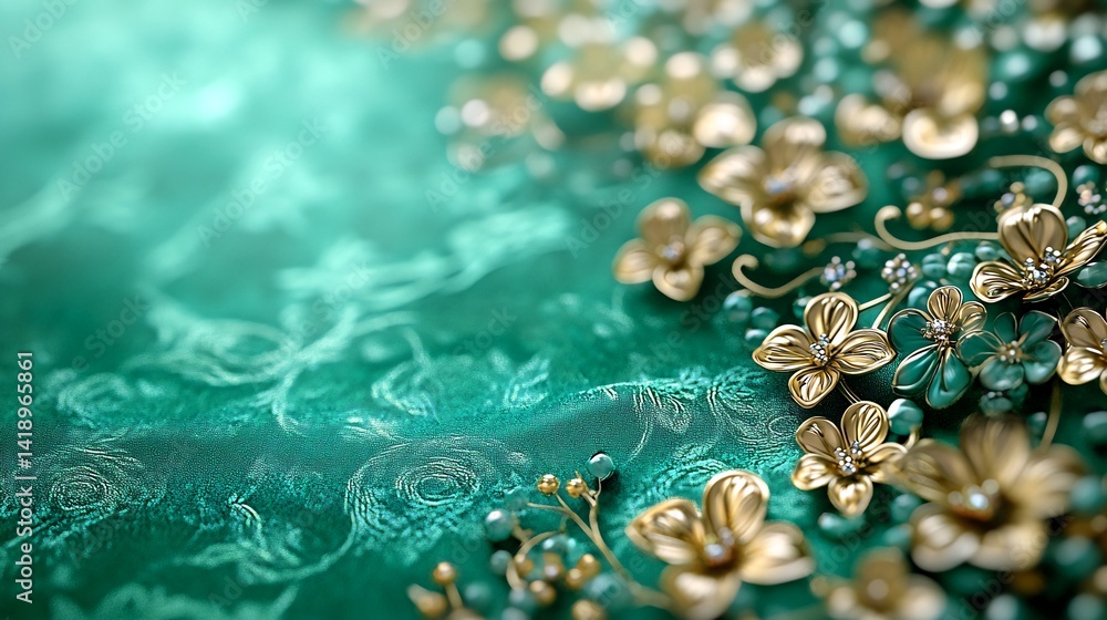 Naklejka premium Gold floral jewelry on teal fabric. Wedding invitation design