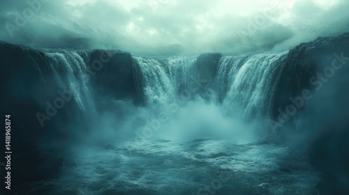 Dramatic Iceland waterfall, mist, cloudy sky, travel backdrop