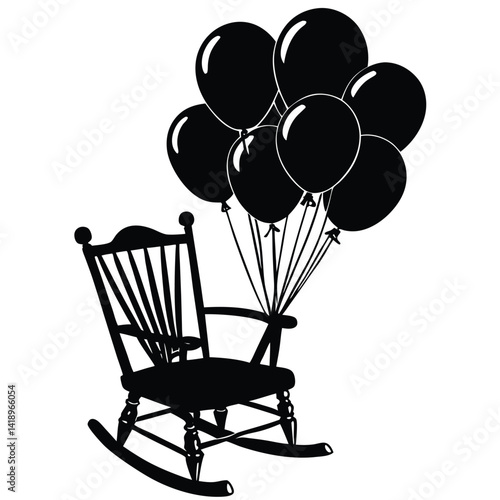 Black Silhouette of Rocking Chair with Balloons: Vector Graphic Illustration for Memorial, Celebration, or Design Element