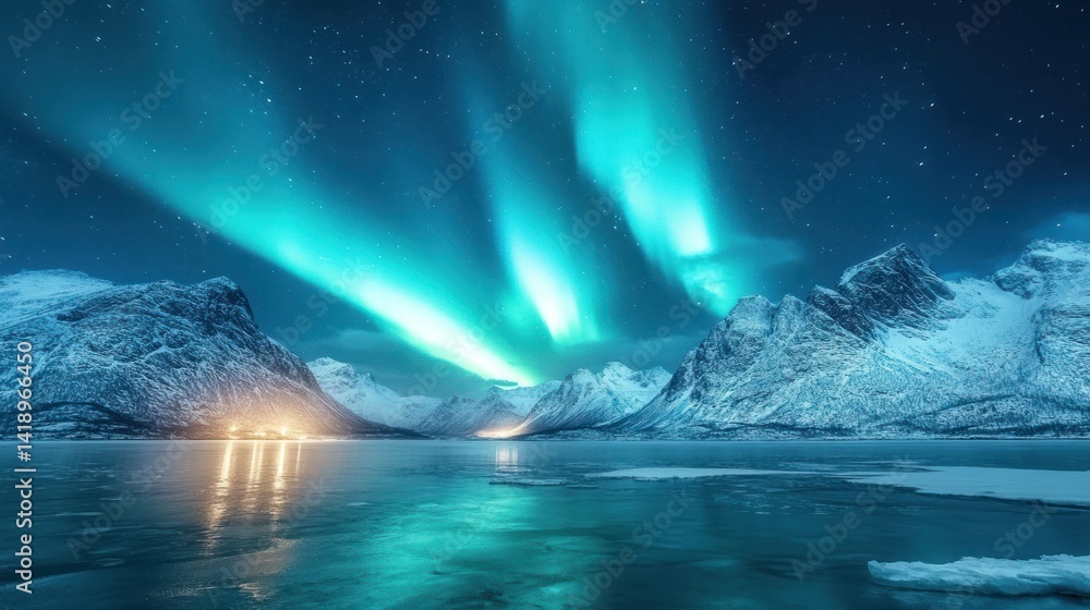 Naklejka premium Aurora Borealis over Snowy Mountains and Frozen Lake