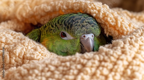 Green parrot hiding under beige blanket, cozy home, winter warmth
