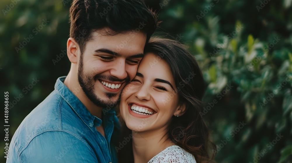 Naklejka premium Joyful Couple Embracing Outdoors Amid Lush Nature's Beauty