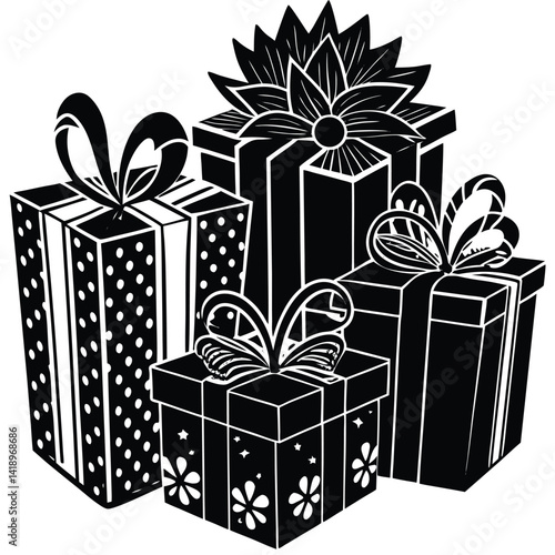 Black and White Gift Boxes Illustration: Festive Presents with Ribbons and Floral Accents - Holiday Celebration Clipart Graphic