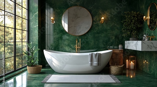 Luxurious green marble bathroom, bathtub, window view, nature. Home design inspiration