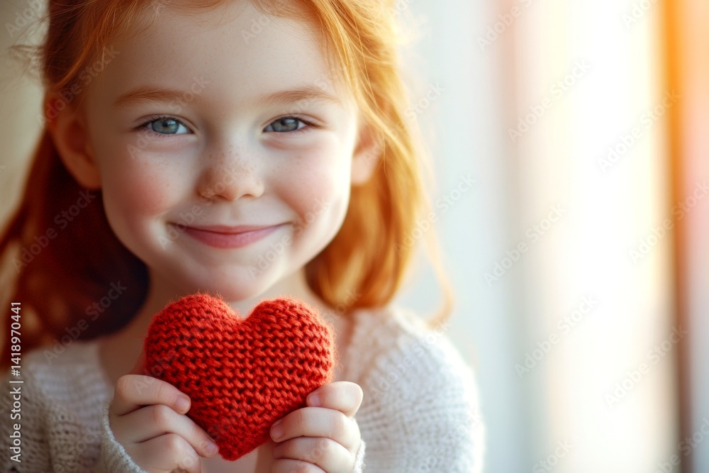 Subtle smile face cute child girl with small knitted heart in hands. Valentine's day greeting and funny gift. Romantic moment. Cute love moment. Cute baby gift. Baby with love letter. Red th. Subtle smile face cute child girl with small knitted heart in hands. Valentine's day greeting and funny gift. Romantic moment. Cute love moment. Cute baby gift. Baby with love letter. Red th.