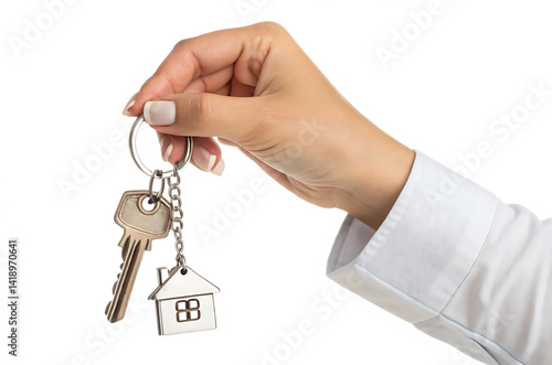 hand holding house keys with keychain isolated on white background PNG photo
