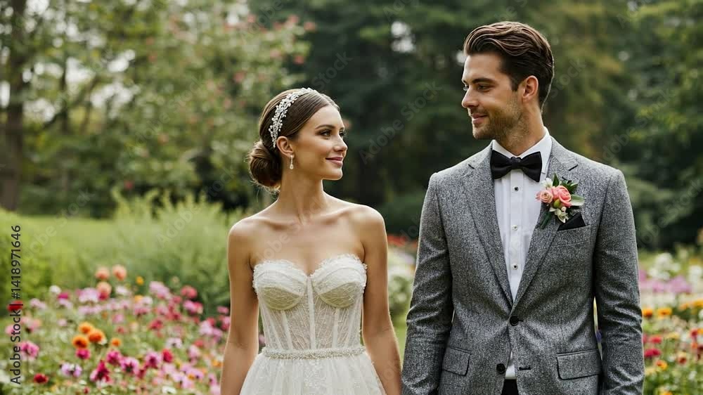 Couple enjoys romantic moment in flower garden during outdoor wedding ceremony at sunset Couple enjoys romantic moment in flower garden during outdoor wedding ceremony at sunset