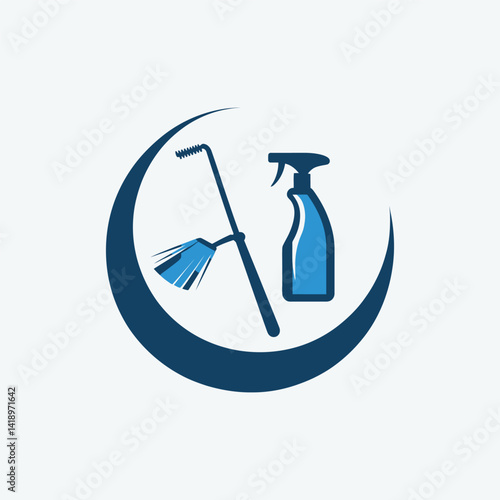 A Vector Cleaning Service Logo with a Broom and Spray Bottle within a Circular Design