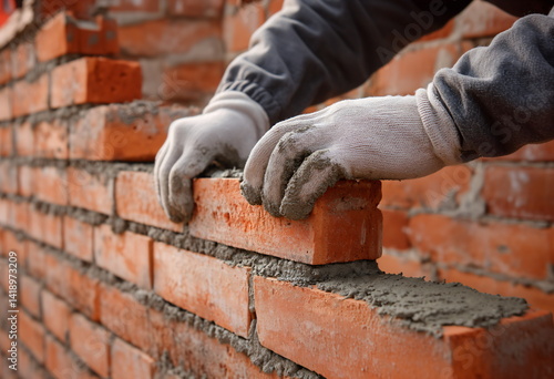 Man in gloves lays brick on wall. Construction builder working outdoor. Building house renovation job. Worker making bricklaying work on site with cement mortar.